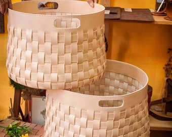 Large Leather Woven Baskets Set Of 2 for Towel Storage Organization - Blanket Box For Outdoor Entertaining
