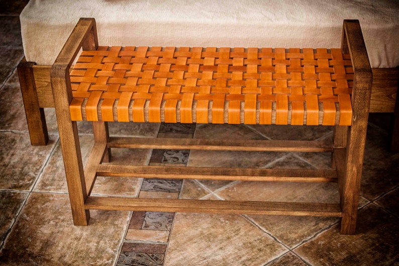 Woven Leather Bench Outdoor Furniture and Outdoor Decor - Woven End Of Bed Bench or Entryway Bench With Storage - Outdoor Entertaining image 2