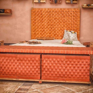 Woven leather bench ideal for bedroom and end of bed - Entryway bench with storage baskets - Leatherwood strap bench - Storage organization