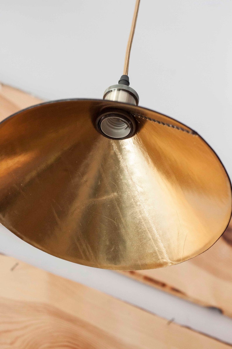 Leather cone pendant light fixtures Leather farmhouse lampshade for kitchen island or dining room Leather industrial lighting zdjęcie 5