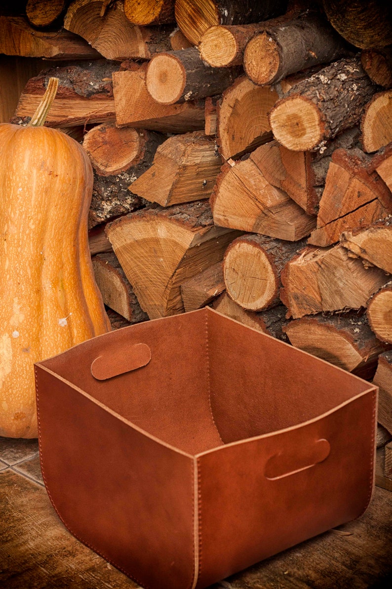 Leather Log Holder, Large Firewood Box, Log Storage Basket, Leather Firewood Carrier, Fireplace Basket, Leather Log Bin, Firewood Holder image 2