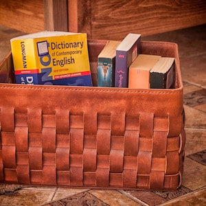Hand Woven Leather Basket, Office Storage Organization, Fall Hosting Decor, Magazine Basket, Document Box, Storage Bin ~ W12&quot; x D10&quot; x H8&quot;