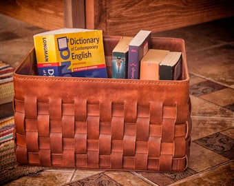 Leather Basket, Woven Storage Basket, Grandma Gift, Leather Storage Bin, Document Box, Braided Leather Magazine Holder, Basket For Blankets