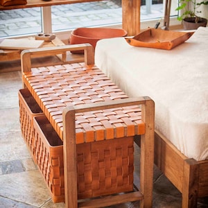 End Of Bed Storage Bench With 2 Leather Baskets, Home Improvement, Woven Leather Bench With Storage, Entryway Bench, Moroccan Outdoor Decor