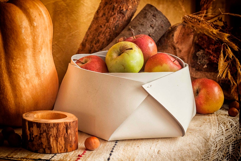 White Leather Basket, Kitchen Decor, Picnic Basket, Food Storage Basket, Table Decor, Home Gifts For Mom, Modern Bread Basket, Decor Accents image 5