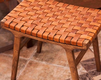 Leather ottoman stool chair woven by hand best outdoor furniture - Solid wood patio chair unique garden decor - Leather sunroom furniture