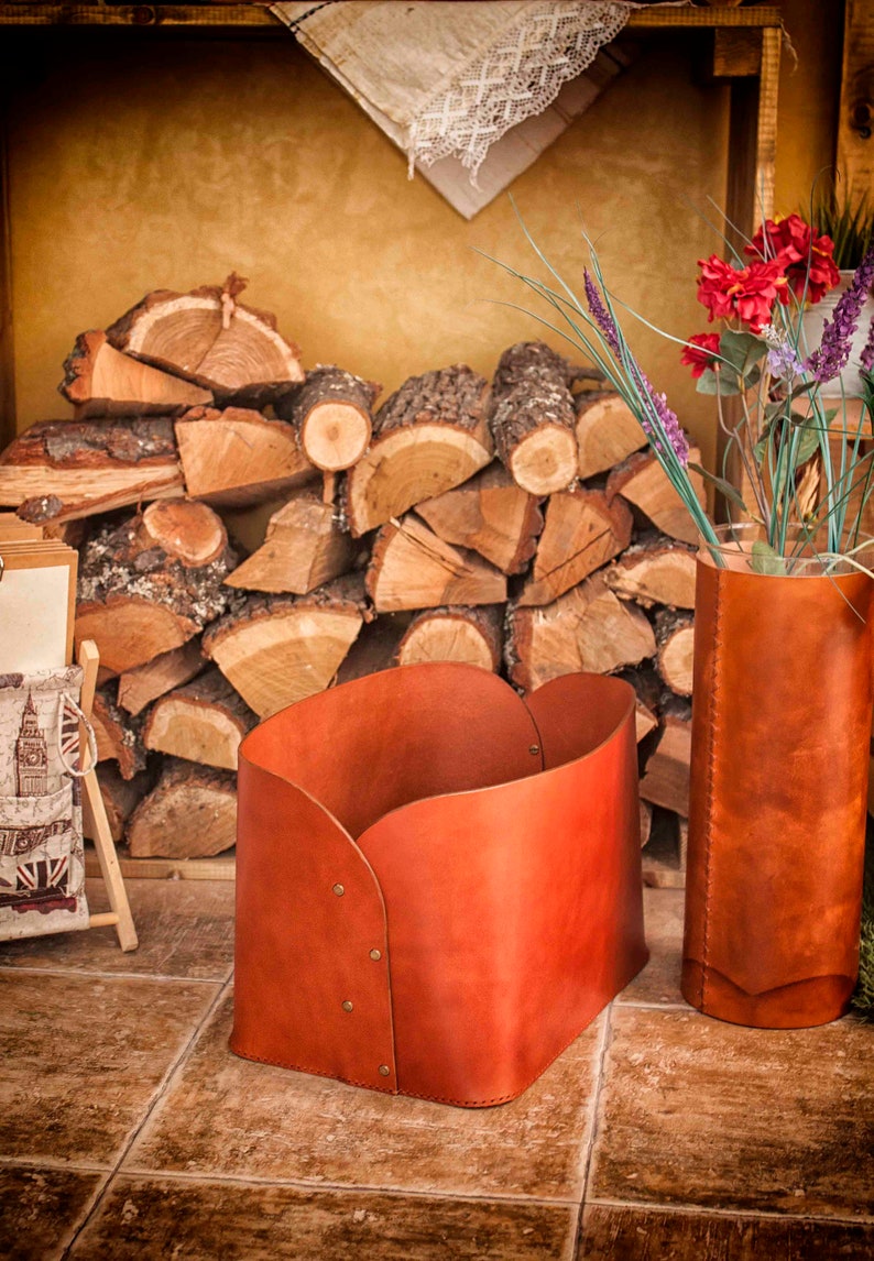 Large leather storage box in cognac, dark brown or black Artisan made leather firewood bin Leather log storage basket Bespoke box image 5