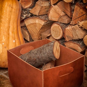 Leather Log Holder, Large Firewood Box, Log Storage Basket, Leather Firewood Carrier, Fireplace Basket, Leather Log Bin, Firewood Holder image 1