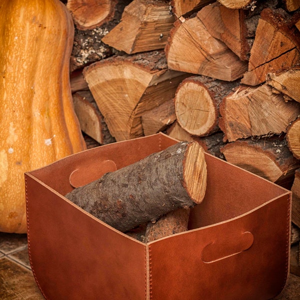 Leather Log Holder, Large Firewood Box, Log Storage Basket, Leather Firewood Carrier, Fireplace Basket, Leather Log Bin, Firewood Holder