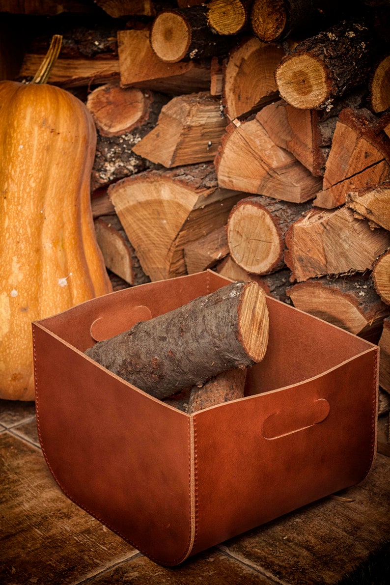 Leather Log Holder, Large Firewood Box, Log Storage Basket, Leather Firewood Carrier, Fireplace Basket, Leather Log Bin, Firewood Holder image 1