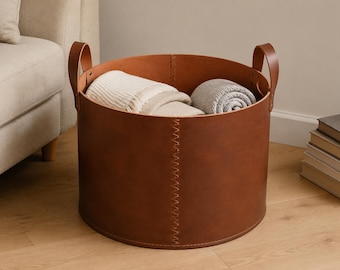 Genuine Leather Blanket Basket, Round Floor Storage Bin with Handles