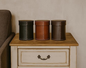 Mini Leather Box With Lid, Storage Organization, Italian Leather Storage Bin, Office Desk Accessories, Cylindrical Trash Can, Gift for Him