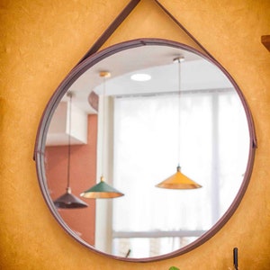 Leather Strap Mirror, Round Hanging Mirror, Home Improvement, Mid Century Modern Wall Mirror, Bathroom Wall Mirror, Dorm Room Decor, Cabin