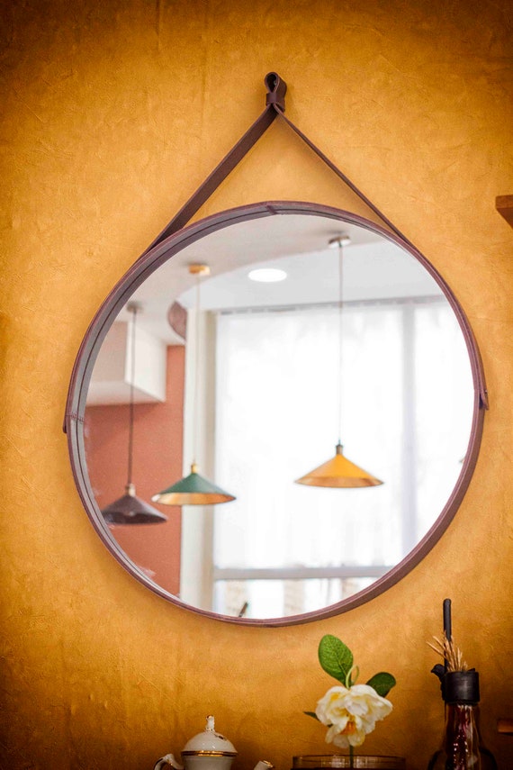 Leather Mirror With Strap Modern Farmhouse Dorm Room Decor - Hanging Round Mirror For Home Improvement - Bathroom Wall-Decor-And-Mirrors