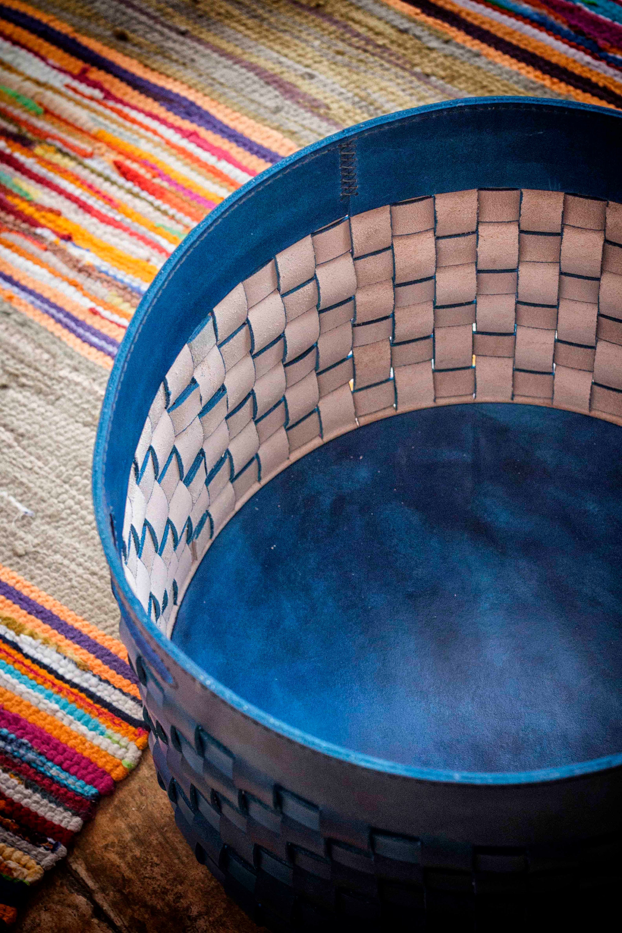 Leather Laundry Basket Blue Woven Leather Hamper Braided Etsy