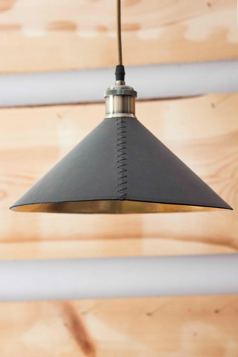 Leather Pendant Light, Dining Room Lighting Hanging, Leather Light Fixtures, Kitchen Island Cone Lamp, Leather Lampshade, Mid Century Modern image 6