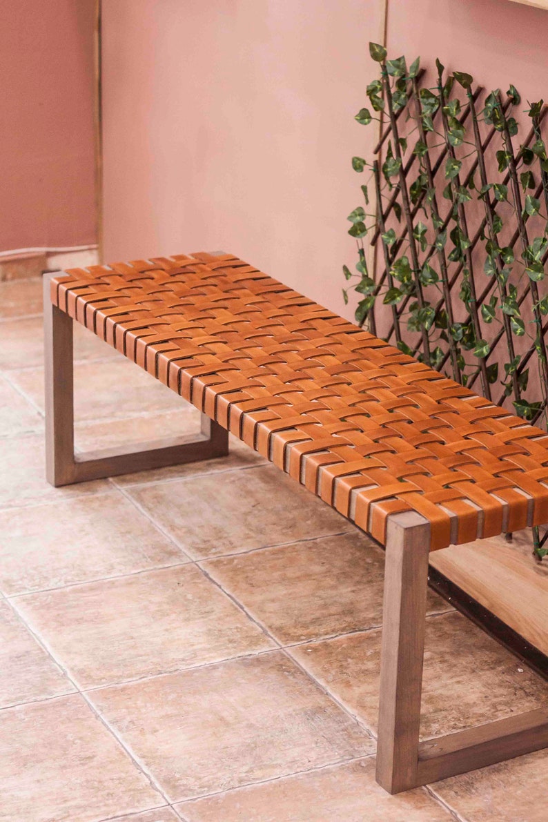 Woven Leather Bench, Handwoven Leather Strap Bench, Wood Entryway Bench, Danish Modern Decor, Hallway Bench, Bedroom Bench,Low Balcony Bench image 2