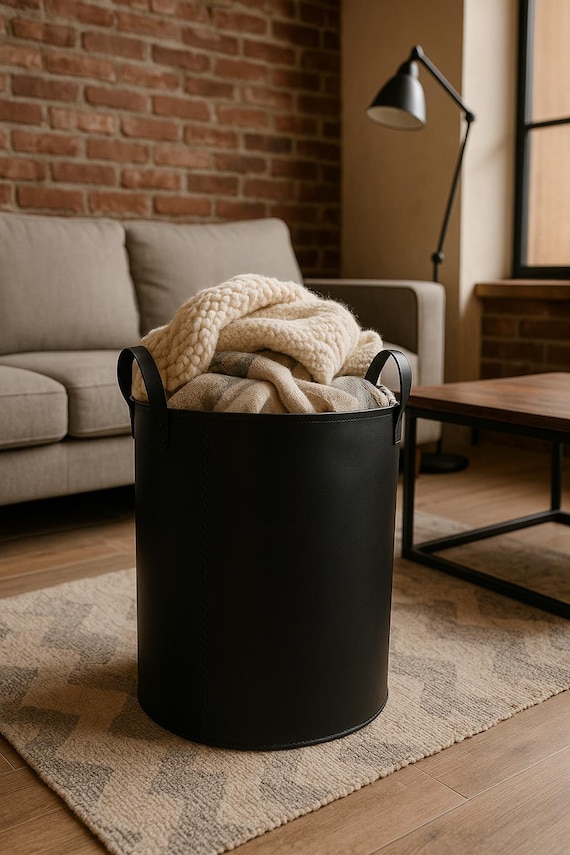 Tall Leather Basket Black Laundry Hamper - Blanket Storage Bin