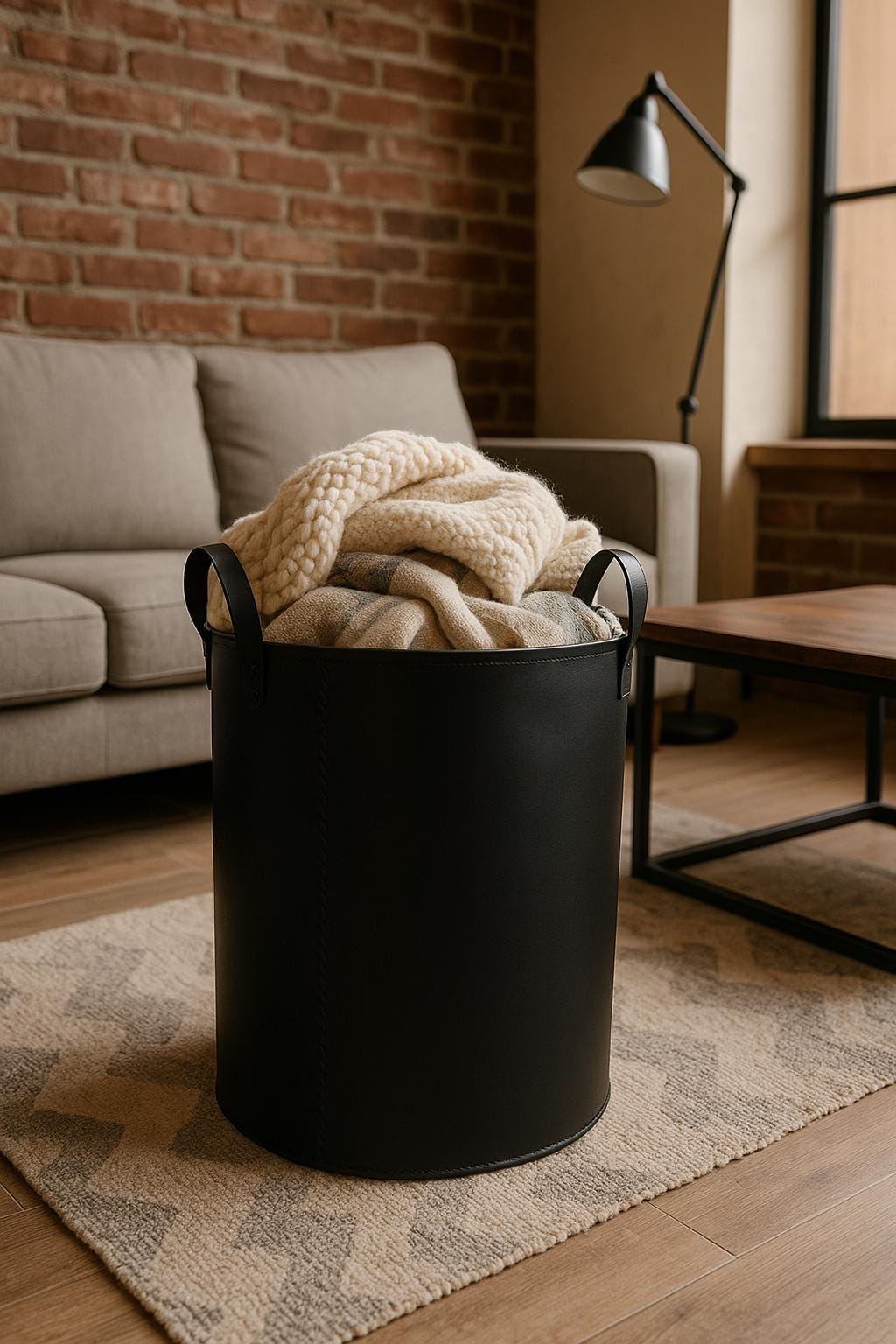 新品　ハリエット　HARRIET　Classic Basket - BLACK Tall Leather Basket - Black Laundry Hamper, Blanket Storage Bin