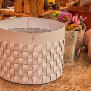 Large Leather Basket In White, Storage Organization, Kitchen Accessories For Mom, Woven Leather Bin, Grandma Gift, Leather Laundry Basket image 3