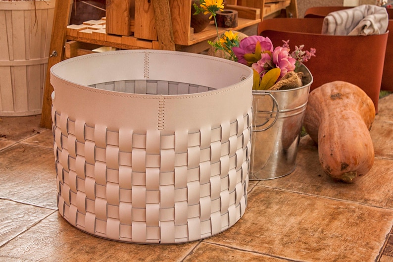 Large Leather Basket In White, Storage Organization, Kitchen Accessories For Mom, Woven Leather Bin, Grandma Gift, Leather Laundry Basket image 3