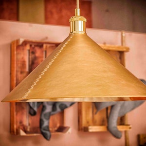 Leather Pendant Light, Leather Kitchen Island Lighting, Gold Cone Light Fixtures, Leather Lampshade, Dining Room Lamp, Space Age Furniture