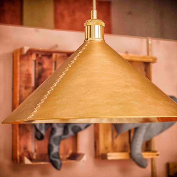 Leather Pendant Light, Leather Kitchen Island Lighting, Gold Cone Light Fixtures, Leather Lampshade, Dining Room Lamp, 70s Inspired Lamps