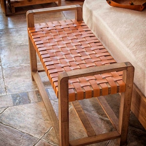 Woven Leather Bench Outdoor Furniture and Outdoor Decor - Woven End Of Bed Bench or Entryway Bench With Storage - Outdoor Entertaining Finished product
