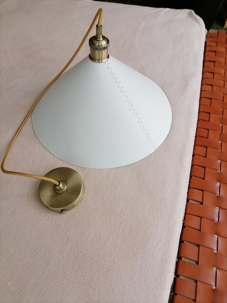 Leather pendant light in white and gold Cone pendant lighting fixtures Modern farmhouse leather lampshade for kitchen furniture and decor image 2