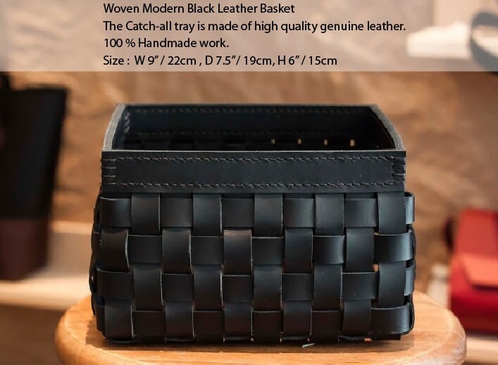 Black Leather Basket, Hosting Gift, Woven Leather Storage Bin  