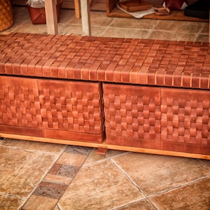 Woven Leather Entryway Bench, Bedroom Bench With Storage, Outdoor and Garden Furniture, Pillow Storage, Mid Century Modern End Of Bed Bench