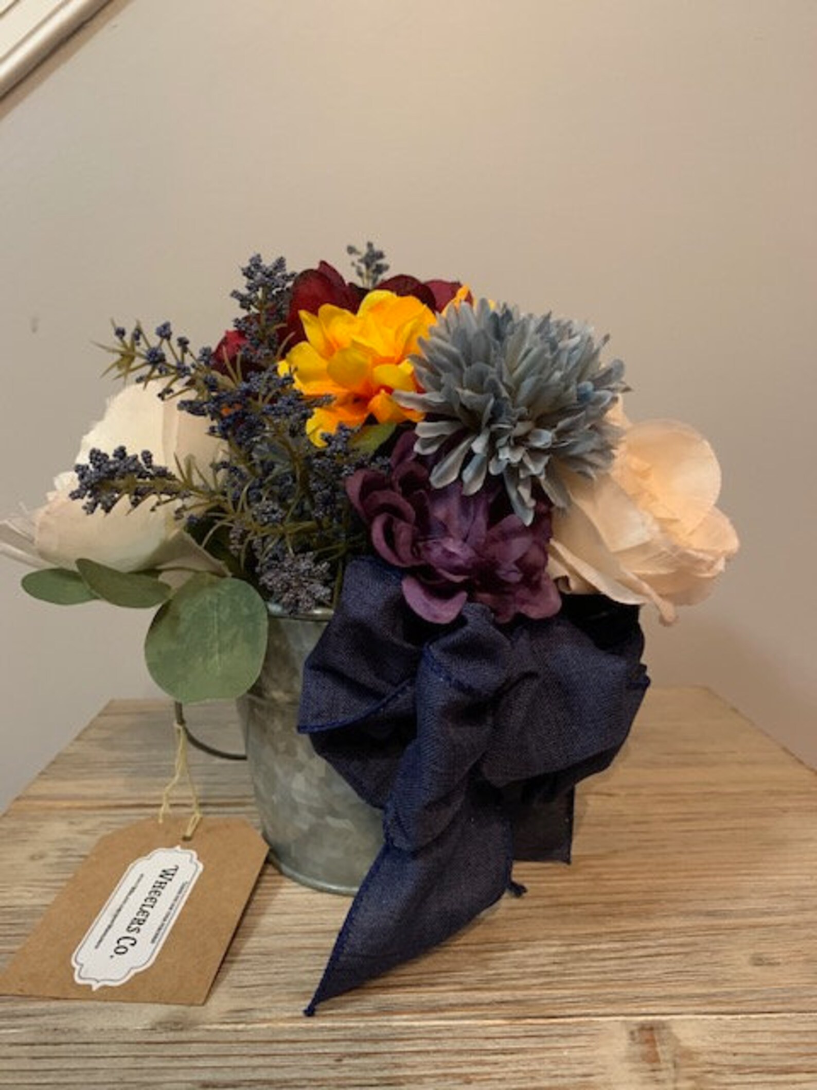 Flower arrangement in small metal bucket with bow. Etsy