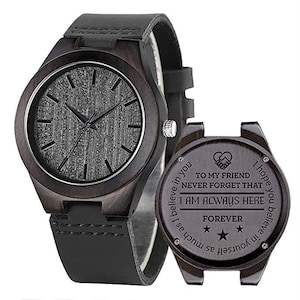 Unisex Ebony Wood Watch with Leather Strap | Engraved with Text &quot;To my Friend&quot; | Gift
