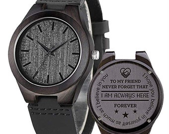 Unisex Ebony Wood Watch with Leather Strap | Engraved with Text "To my Friend" | Gift