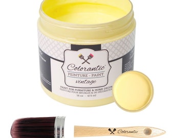 Colorantic- Bundle Pale Yellow (Lemon Pie,16 Oz) Chalk Paint and Oval Purple Chalk Paint Brush.