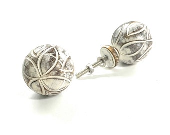 2 Creamy White and Brown Round Wooden Knobs with Flower Pattern | Decoration, Furniture Drawers | Knob004