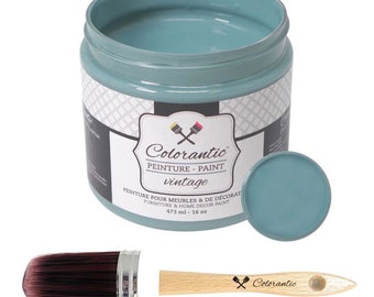 Puede incluir: Un bote de pintura de color verde azulado abierto con una tapa a juego, un pincel y un pequeño raspador de madera. La etiqueta dice "Colorantic PEINTURE - PAINT vintage" y "FURNITURE & HOME DECOR PAINT 473 ml - 16 oz."