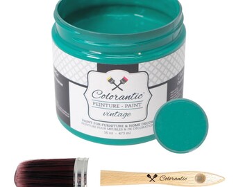 May include: An open teal paint can with a matching lid, a paintbrush, and a small wooden paint stirrer. The paint can label reads "Colorantic PEINTURE - PAINT vintage" and "PAINT FOR FURNITURE & HOME DECOR". The can contains 16 oz (473 ml) of paint.
