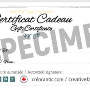 Peut inclure: Un chèque-cadeau blanc avec le texte "Colorantic" en bleu et le texte "Certificat Cadeau" en noir. Le chèque-cadeau est pour une entreprise de peinture appelée "La Fabrique Creative Factory".