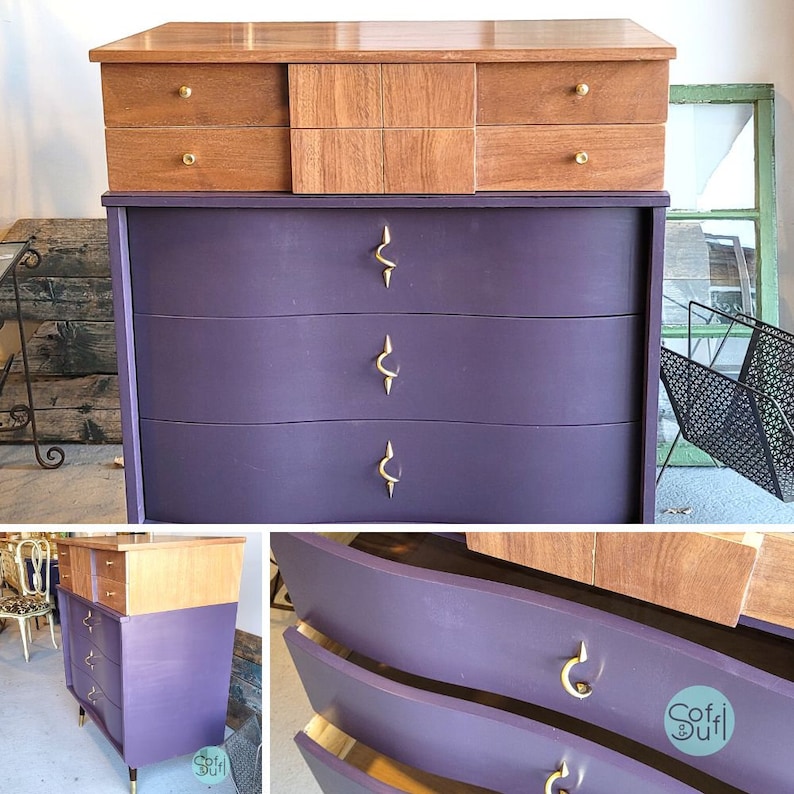May include: A vintage chest of drawers with a purple painted finish and a wood top. The chest has four drawers with curved fronts and gold-coloured handles. The top of the chest has three drawers with wood fronts and gold-coloured knobs.