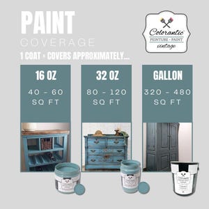 May include: Paint coverage chart showing the approximate square footage covered by 16 fluid ounces, 32 fluid ounces, and a gallon of paint. The chart includes images of furniture painted with the paint, including a cabinet, dresser, and armoire.
