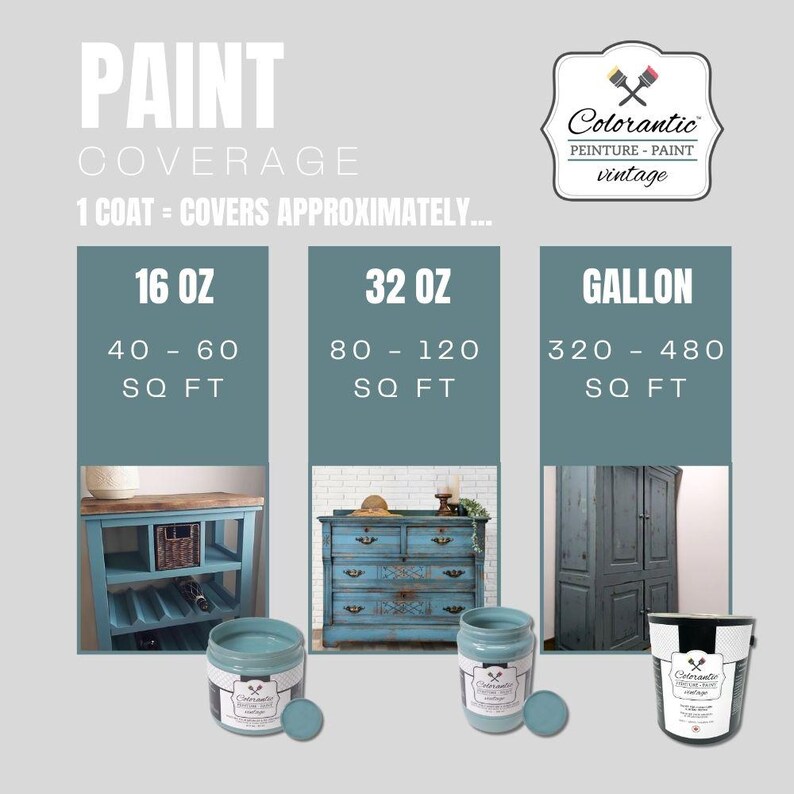 May include: Paint coverage chart showing the approximate square footage covered by 16 fluid ounces, 32 fluid ounces, and a gallon of paint. The chart includes images of furniture painted with the paint, including a cabinet, dresser, and armoire.