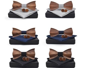 Walnut Wooden Bow Tie Set for Adult Men | Pocket Square | Cufflinks