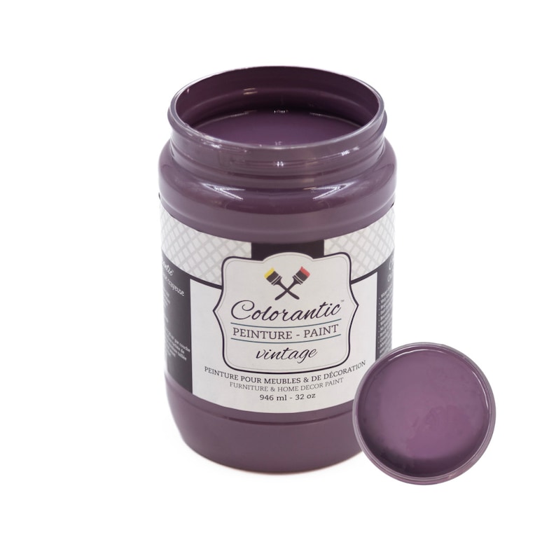 May include: A 946 ml jar of Colorantic vintage paint in a deep purple shade. The jar has a white label with the brand name and product information. The label reads "Colorantic, Peinture - Paint, vintage, Peinture pour meubles & de decoration, Furniture & Home Decor Paint, 946 ml - 32 oz."