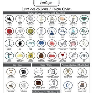 May include: A color chart with a variety of paint colors, waxes, glazes, and metallic paints. The chart is organized into categories and includes names for each color in both French and English.