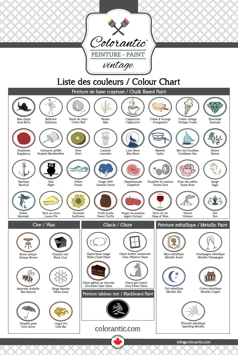May include: A color chart with a variety of paint colors, waxes, glazes, and metallic paints. The chart is organized into categories and includes names for each color in both French and English.
