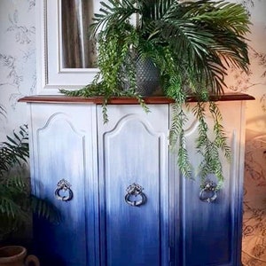 May include: A white painted cabinet with three doors and blue ombre paint. The cabinet has silver door knobs and sits on a wooden base. A potted plant with green leaves is in front of the cabinet.
