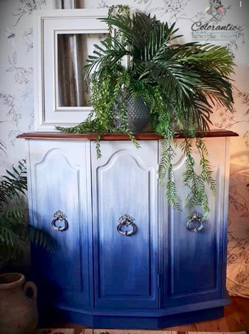 May include: A white painted cabinet with three doors and blue ombre paint. The cabinet has silver door knobs and sits on a wooden base. A potted plant with green leaves is in front of the cabinet.