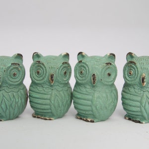 May include: Four small, teal-colored owl figurines. Each owl has a detailed design with raised eyes and feathers.