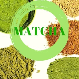 May include: A sampler pack of matcha powder. The pack includes four different types of matcha powder, each in a separate bowl. The bowls are arranged in a circle, with the word "MATCHA" written in green letters in the center of the circle. The text "SAMPLER PACK" is written in yellow letters at the bottom of the image.